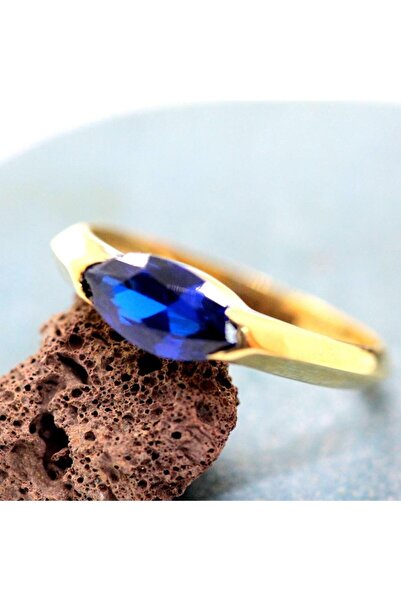 FasekGold Tektaş Altın Yüzük - 14 Ayar Altın Markiz Kesim 1.20 Karat Safir Ta...