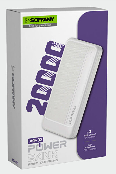 Soffany AG02-001 20.000 mAh P.Bank 2 Type-C + 1 USB Çıkışlı Beyaz