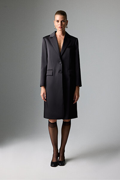 Roman Düğmeli Uzun Ceket Siyah K2516045_001