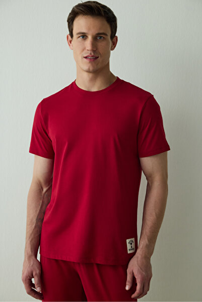 Penti Bordo Erkek Slogan Baskılı Kısa Kollu Pamuklu Pijama Takımı