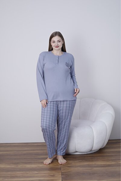 Temporium Women's Winter Plus Size Embroidered Patterned Collar Buttoned Long Sleeve Pajama Set