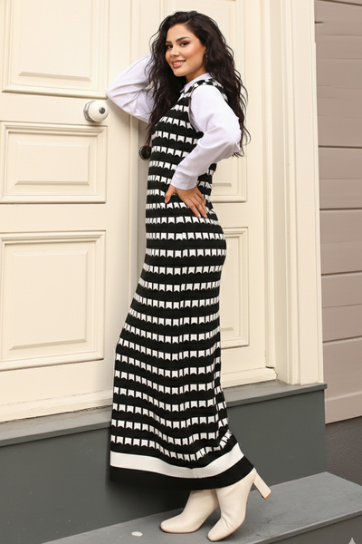 benguen 6084 Desenli  Süveter Elbise Siyah