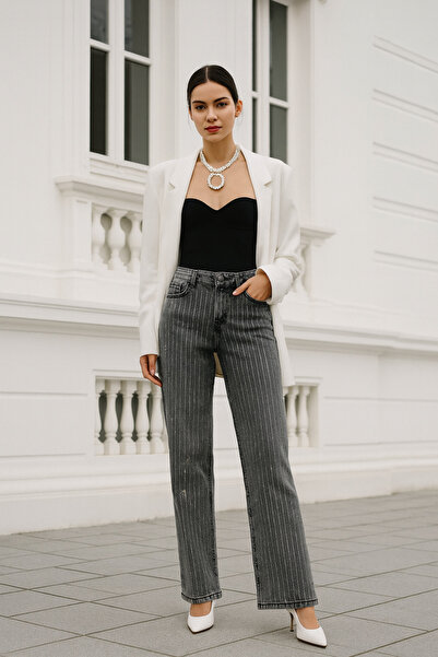 ŞIK VE MUTLU Premium Stripe Stone Patterned Wide Leg Jeans