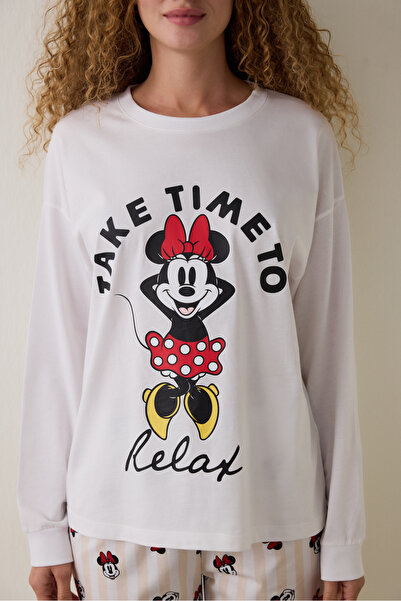 Penti Optik Beyaz Mickey Mouse Baskılı Pamuklu Uzun Kollu Pijama Takımı
