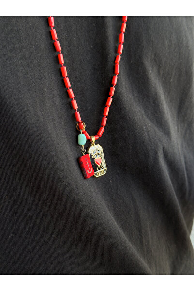 CAPO by Aytaç Yamaç قلادة بحار من حجر المرجان الأحمر على الطراز القديم، قلادة حديدية للرجال من حجر المرجان الواقي