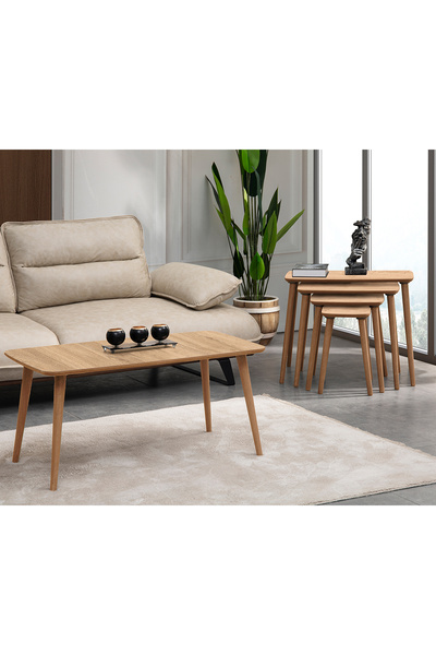 vovvahome LUCİ 4LÜ DÖRTLÜ MDF AHŞAP ZİGON SEHPA VE ORTA SEHPA SETİ - MEŞE