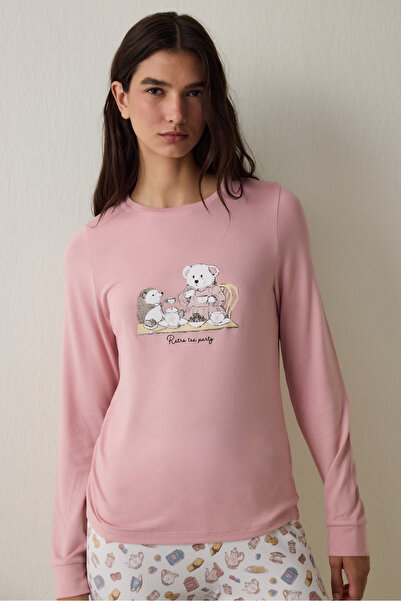 Penti Pembe Tea Party İçecek Desenli Bisiklet Yaka Uzun Kollu Pijama Üstü