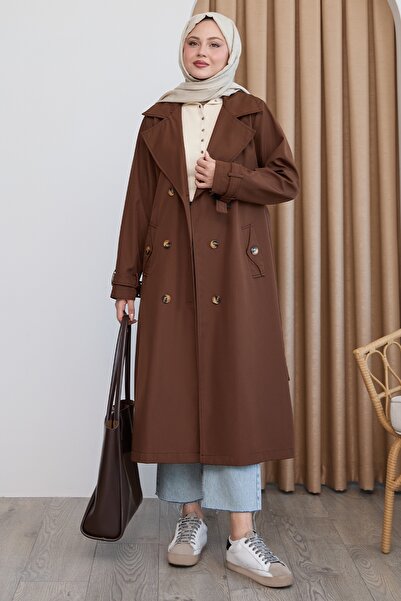 InStyle Double Breasted Collar Belted Lined Bitter Brown Trench Coat