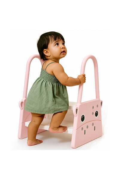 Linomag ® Scaun înălțător pentru copii, tip scară, 2 trepte, mânere, antiderapant, pentru toaletă/baie/bucătărie, roz/alb
