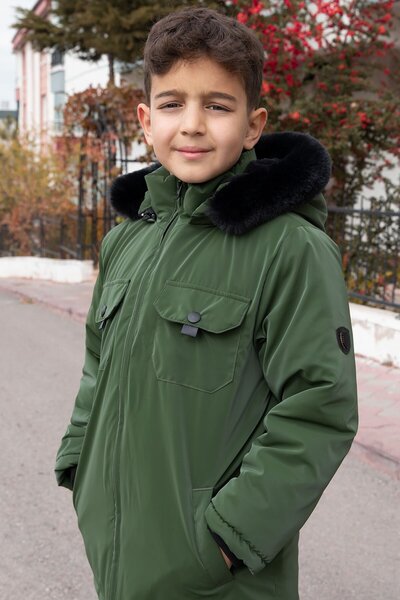 Cansın Mini Khaki Snap Fastener Chest Pocketed Boys' Hooded Coat with Fur Inside 21348