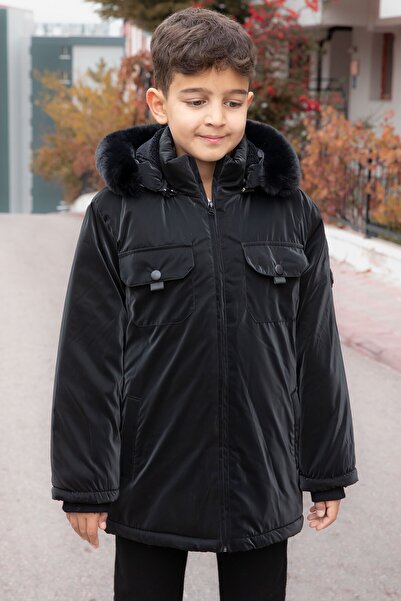 Cansın Mini Siyah Çıtçıtlı Göğüs Cepli İçi Kürklü Erkek Çocuk Kapüşonlu Mont 21349
