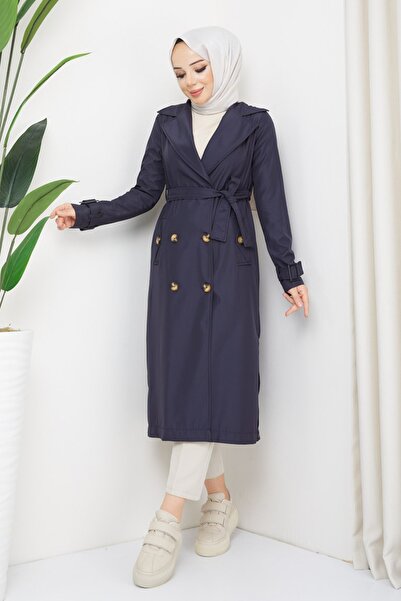 InStyle Kruvaze Yaka Kuşaklı Astarlı Lacivert Trençkot