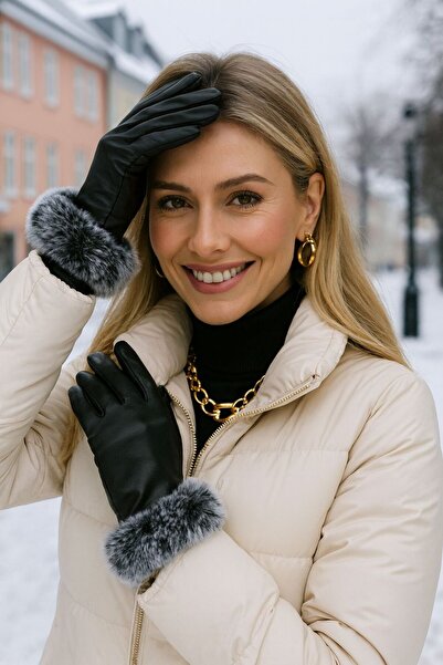 BALIENTE قفازات نسائية من الجلد الصناعي الأسود مع تفاصيل من الفرو