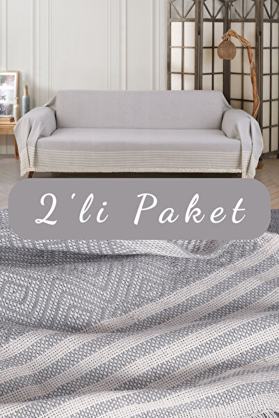 pamore 2’li Kolları Örten Pamuklu 310 Cm Koltuk Kanepe Çekyat Örtüsü Önden Saçaklı Çok Amaçlı Kaymaz