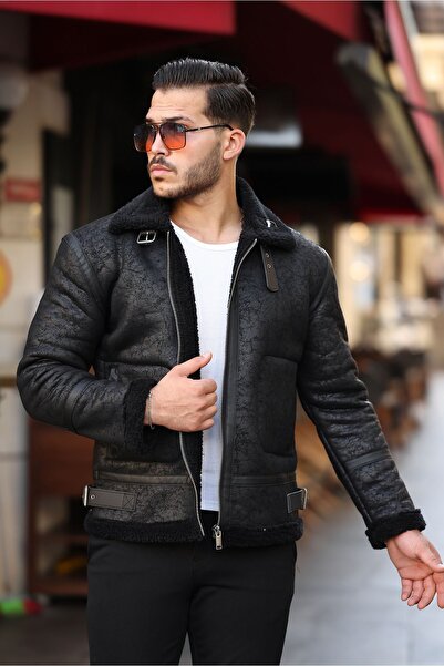 Mero Life Υψηλής ποιότητας δέρμα Napa - Full Fur Slim Fit Μαύρο Ανδρικό Παλτό & Μπουφάν