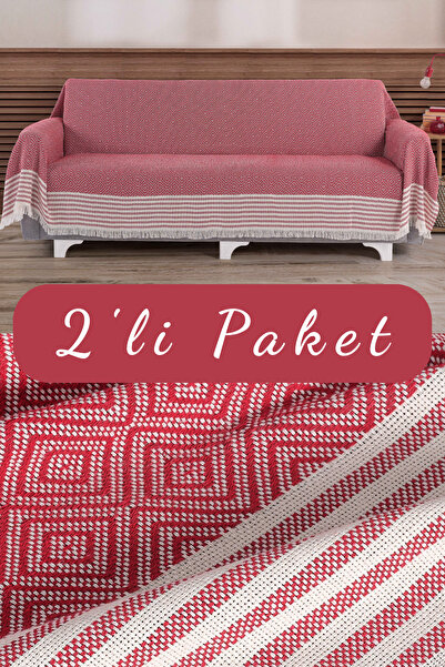 pamore 2’li Kolları Örten Pamuklu 310 Cm Koltuk Kanepe Yılbaşı Örtüsü Önden Saçaklı Çok Amaçlı Kaymaz