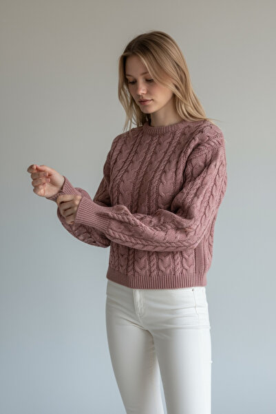 NEWCO Knit Detailed Patterned Loose Knitwear Sweater Crew Neck Comfortable Fit Stylish Daily Model