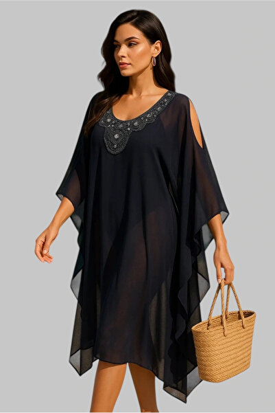 Jessica Dafer Meralda İhtal Yaka İşlemeli Standart Beden Şifon Kimono