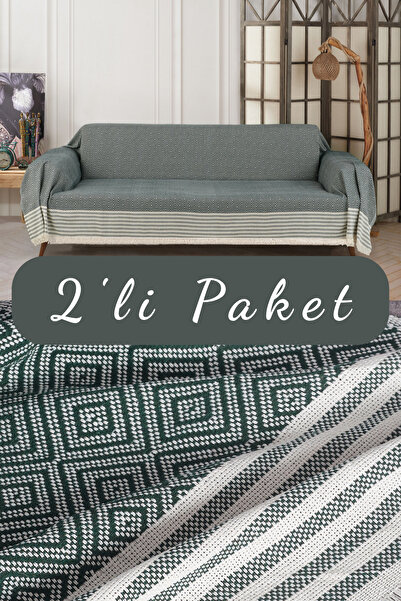 pamore 2’li Kolları Örten Pamuklu 310 Cm Koltuk Kanepe Çekyat Örtüsü Önden Saçaklı Çok Amaçlı Kaymaz