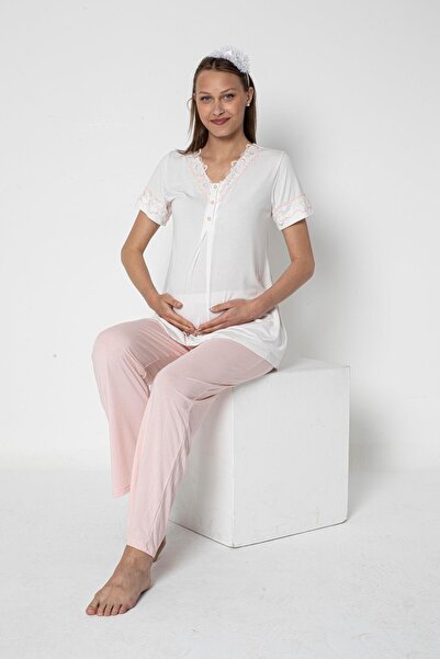 FLZ Maternity Lace Detailed Short Sleeve Pajama Set Breastfeeding Hospital Di...