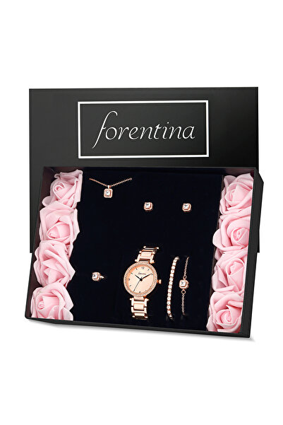 Forentina Rose Tektaş Kolye Küpe Bileklik Yüzük Saat Yapay Rose Güllü Set Ps2166
