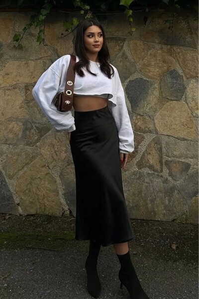 KaSheHa Siyah Saten Kumaş Fermuarlı Uzun Etek 91 Cm