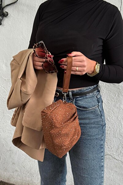 La La'Graccio Paris La'Graccio Paris Kadın Sofya Kadife Taşlı Portföy- Askılı Çanta Taşlı Taba Süet