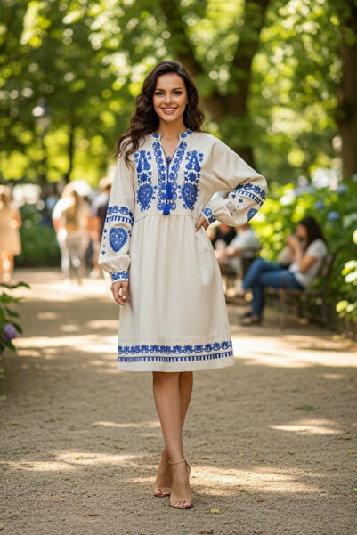 Ravencia Жіноча довга сукня з вишитим коміром і бахромою - рукави-ліхтарики