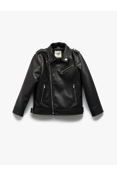 Koton Fermuarlı Kruvaze Yaka Uzun Kollu Biker Deri Ceket
