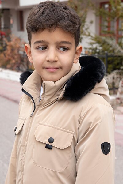 Cansın Mini Beige Snap Fastener Chest Pocketed Fur Lined Boy's Hooded Coat21352