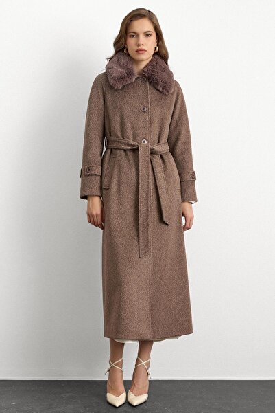 Olcay Fur Collar Detachable Fur Moher Long Coat Latte 3151