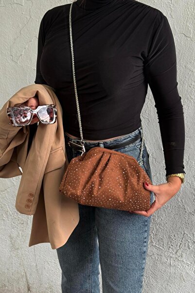 La La'Graccio Paris La'Graccio Paris Kadın Sofya Kadife Taşlı Portföy- Askılı Çanta Taşlı Taba Süet