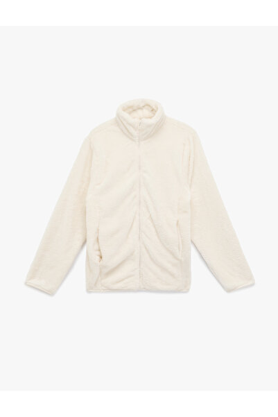 Koton Comfortable Fit Long Sleeve Pocket Zipper Stand Collar Plush Coat