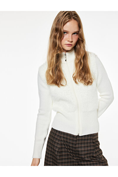 Koton Soft Textured Long Sleeve Mock Neck Zippered Cardigan