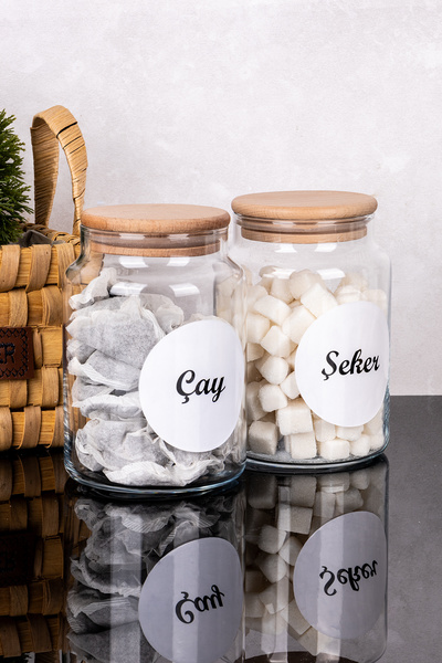 DNS HOME 2-Piece Glass Jar with Bamboo Lid Tea & Sugar Storage Container Glass Jar Set with Labels 800 ml