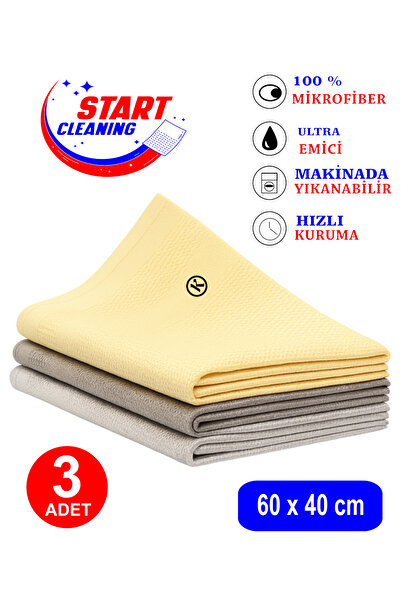 START CLEANING Koza-x Mikrofiber Sihirli Temizlik Bezi 3 Adet Cam,ayna,mutfak,banyo,araç Temizlik Bezi (60/40 CM)