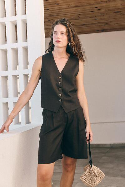 Antioch Brown Linen Blended Women's Tailor Vest