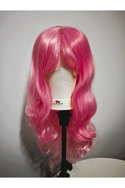 animis beauty Perucă lungă roz pentru Cosplay / Halloween, ondulată, cu aspect de fibră sintetică, cu breton, 65 cm