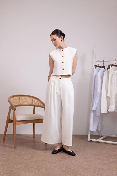 Antioch White Linen Blended Women's Culotte Trousers