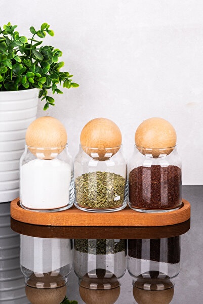 DNS HOME 3-Piece Glass Jar Set with Wooden Stand Wooden Ball Lid Jar Set Spice Shaker 300 ml