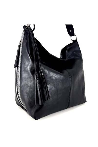 Ladystyle حقيبة كتف جوليانا سوداء نسائية بتفاصيل حجرية وأجزاء وحزام بسحاب