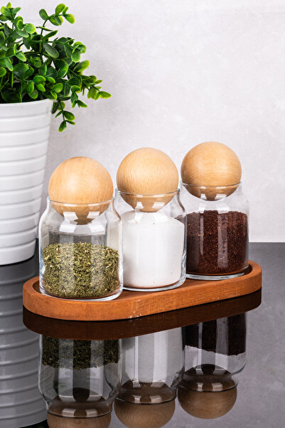 DNS HOME 3-Piece Glass Jar Set with Wooden Stand Wooden Ball Lid Jar Set Spice Shaker 300 ml