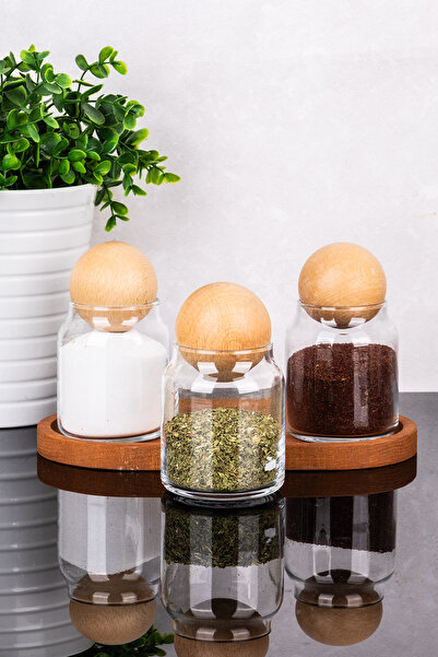 DNS HOME 3-Piece Glass Jar Set with Wooden Stand Wooden Ball Lid Jar Set Spice Shaker 300 ml