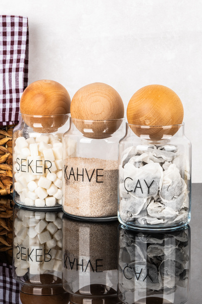 DNS HOME 3 Pieces Wooden Ball Lid Transparent Labeled Tea & Sugar & Coffee Storage Container Jar 800 ml