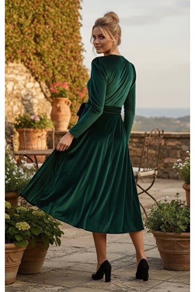 Bersi Butik Σμαραγδένιο Πράσινο Καρπούζι Φόρεμα με διπλό στήθος με βελούδινη ζώνη