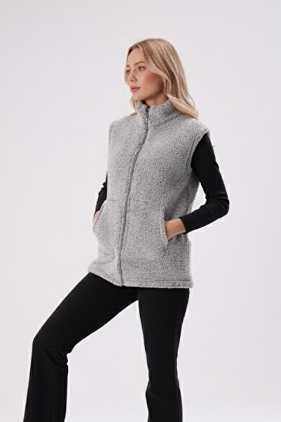 Azıcık Akıllı Kadın Gri Melanj Dik Yaka Kalın Peluş Fermuarlı Yelek 24KYLKK215