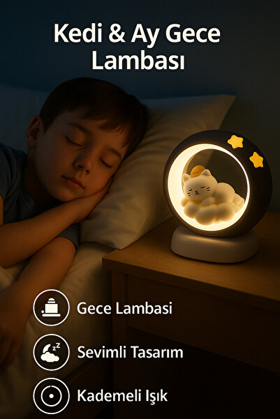 İyyaKee Kedi & Ay Model Dokunmatik Gece Lambası – Şarjlı, Yumuşak Işık, Çocuk...