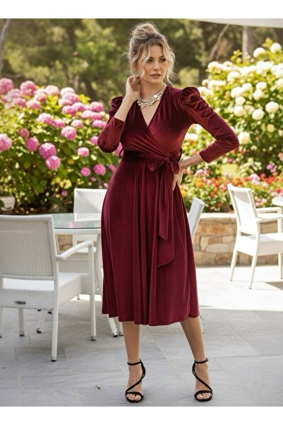 Bersi Butik Φόρεμα Βουργουνδίας Καρπούζι με διπλό στήθος με βελούδινη ζώνη