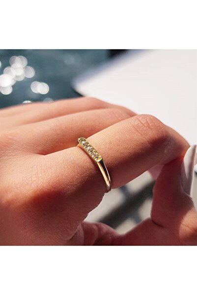 FasekGold 925 Ayar Sarı Gümüş Yüzük-Çubuk Sıra Taşlı 0.20 Ct Pırlanta Taşlı A...