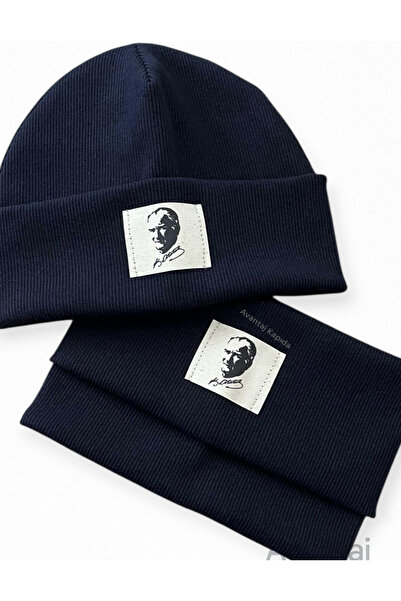 Mustran Children's Cotton Ribbed Beanie Neck Collar Set of 2 - Handcrafted Ataturk Silhouette Gift Model (3–8 Years)